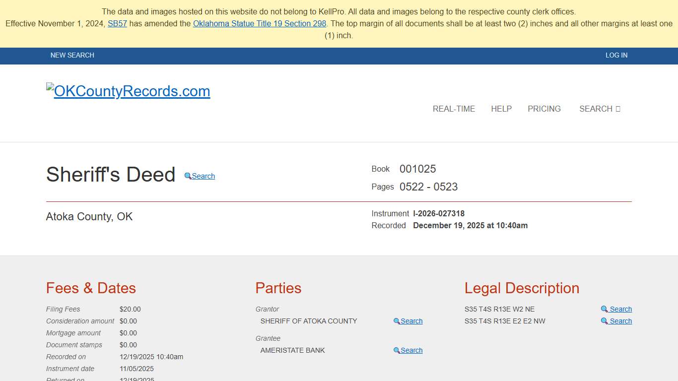 Atoka I-2026-027318 OKCountyRecords.com County Clerk Public Land Records for Oklahoma